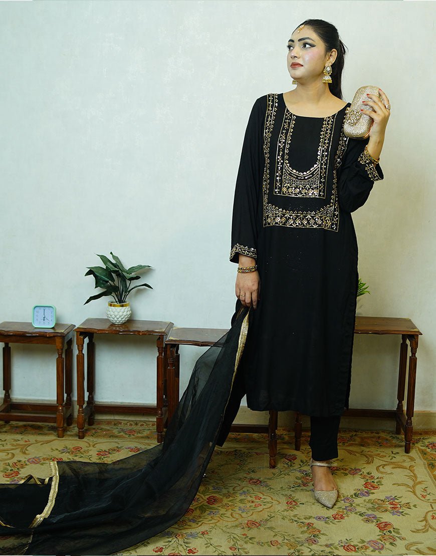 Veya – Black Opada Silk Suit with Silver Gold Dabka Embroidery & Organza Dupatta