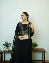 Veya – Black Opada Silk Suit with Silver Gold Dabka Embroidery & Organza Dupatta
