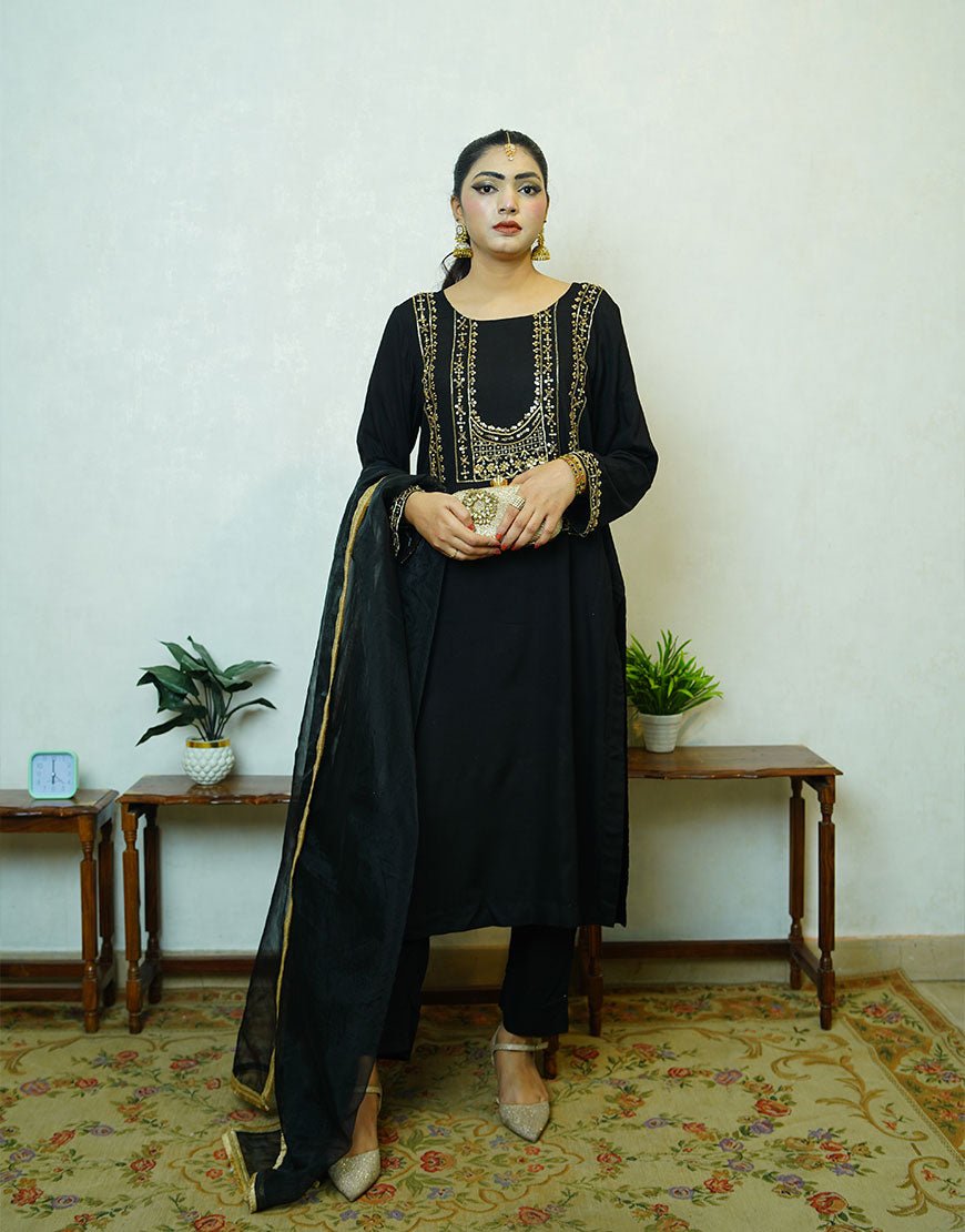 Veya – Black Opada Silk Suit with Silver Gold Dabka Embroidery & Organza Dupatta