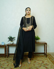 Veya – Black Opada Silk Suit with Silver Gold Dabka Embroidery & Organza Dupatta